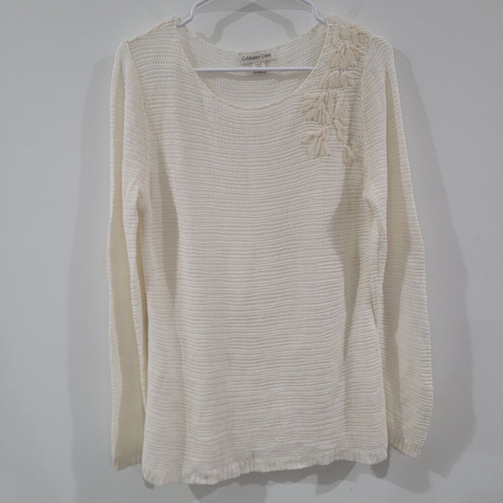 Coldwater Creek Womens Open Knit Top Size Large Cream 3D Flower Neutral Minimal